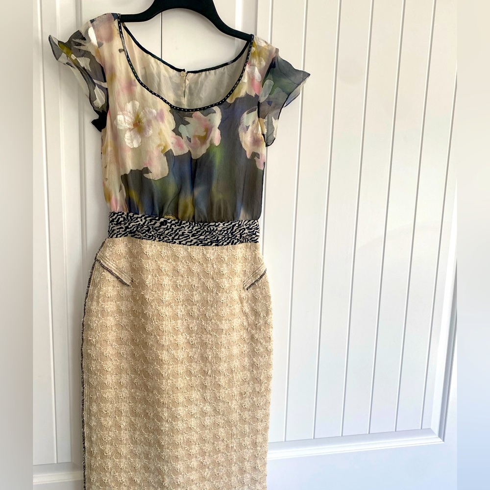 Blue Water Color Floral Silk & Lux Cream French Tweed Mixed Media Dress